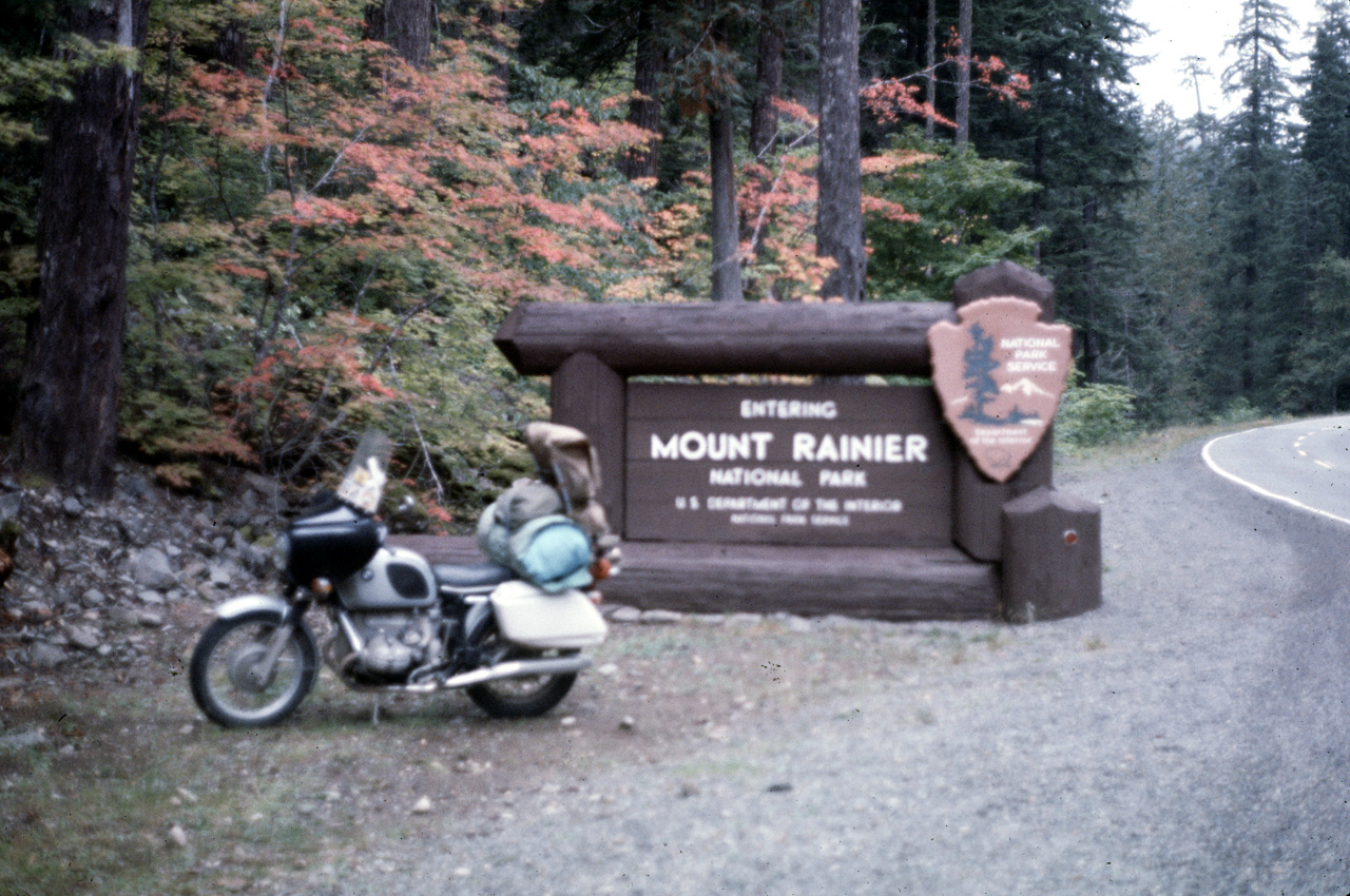 72-09-25, 328, Mt Rainier, Motorcycle at Entrance, Washington